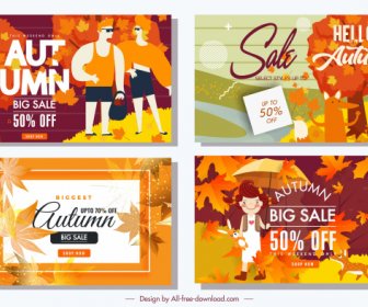 Autumn Sales Banners Orange Leaves People Animals Decor
