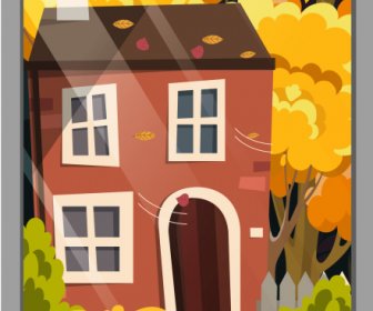 autumn scene background house falling leaves sketch