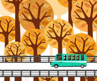秋のシーン絵画茶色木バス道路アイコン