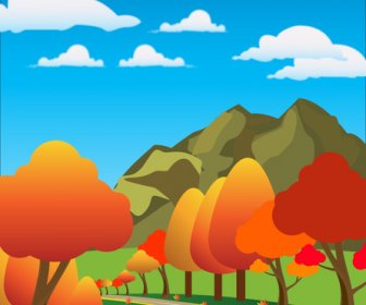 Autumn Scenery Drawing Illustration With Cartoon Style
