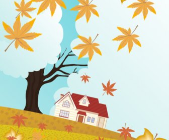 落ち葉と家のある秋の風景イラスト