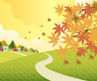 Autumn Scenery Illustration With Falling Leaves On Hill