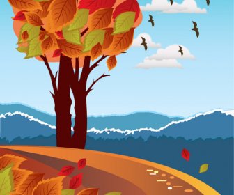 Ilustrasi Vektor Pemandangan Musim Gugur Dengan Burung Dan Daun