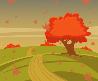 Autumn Scenery Vector Illustration With Tree On Hill