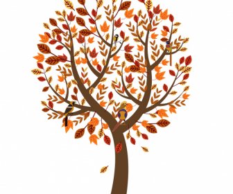 가을 나무 아이콘 무성한 잎 을 앉는 새 스케치