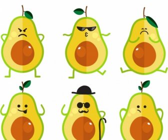 Avocado Emotional Icons Cute Stylized Style Colored Flat