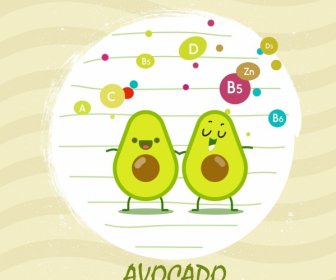Avocado Fruit Advertising Vitamin Icons Stylized Cartoon Decor