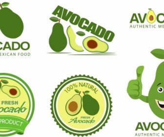 아보카도 로고타입: 다양한 녹색 모양, 격리