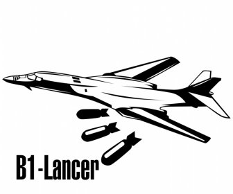 B 1 로크웰 랜서 폭격기 항공기 아이콘 다이나믹 실루엣 블랙 화이트 스케치