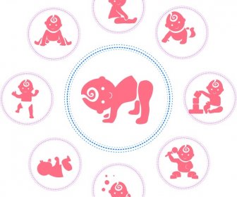 Baby Activities Icons With Round Silhouettes Design