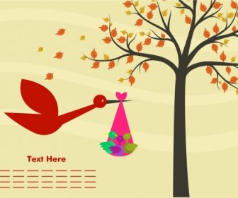 Baby Birth Card Cartoon Design Tree Birds Ornament