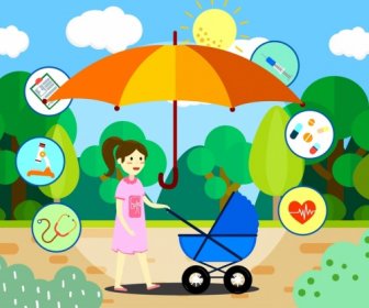 Baby Care Design Elements Mother Trolley Umbrella Icons