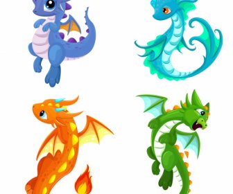Bebé Dragón Iconos Dibujos Animados Coloridos Personajes Diseño