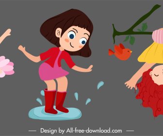Baby Girl Icons Joyful Gestures Cute Cartoon Characters