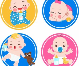 Baby Icons Collection Cute Cartoon Sketch Circles Isolation