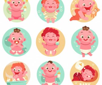 Baby Icons Cute Cartoon Characters Circles Isolation