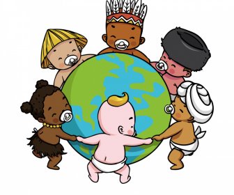 世界の上の赤ちゃんのデザインエレメント地球スケッチかわいい漫画デザインを持つ幼児