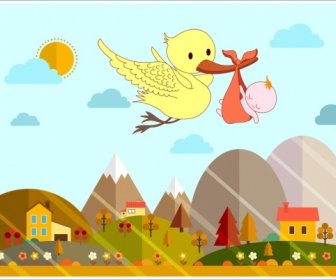 Bebé Fondo De La Ducha Llevando Icono De Pájaro Dibujos Animados De Color