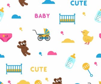 Baby Shower Pattern Teddy Bear Cradle Trolley Icons