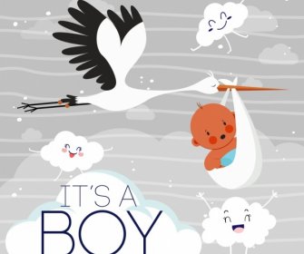 Baby Shower Poster Stylized Clouds Crane Kid Icons