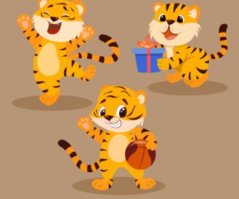 Baby Tigers Icons Cute Cartoon Characters Stylized Design