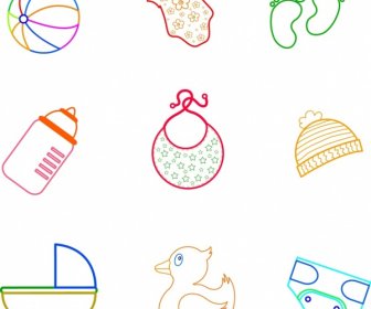 Baby Utensils Collection Flat Colored Outline