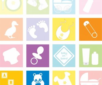 Baby Utensils Icons Illustration With Silhouette In Squares