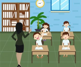 Back To School Background Teacher Pupils Icons