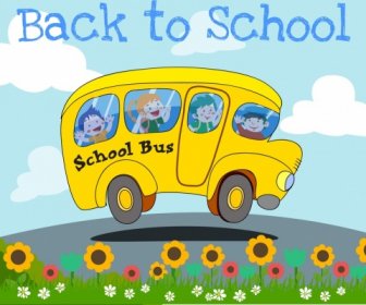 Back To School Banner Bus Children Colored Cartoon