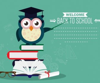 Back To School Banner Owl Book Stack Icons
