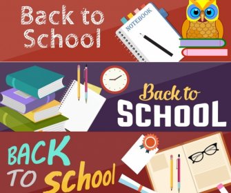 Back To School Banners Owl Book Pens Icons