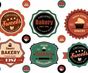 пекарня этикетки коллекции разноцветных круг плоский дизайн