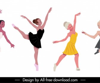 Ballerina ícones Dinâmico Desenho Animado Esboço Personagens