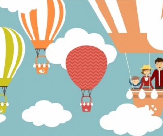 풍선 배경 화려한 만화 스타일 가족 여행 디자인