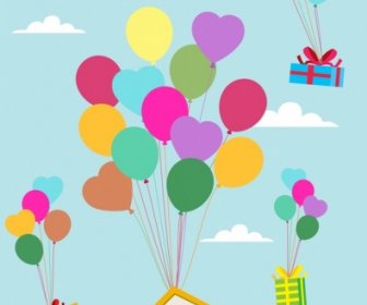 Balloons Background Floating House Presents Decoration Cartoon Style