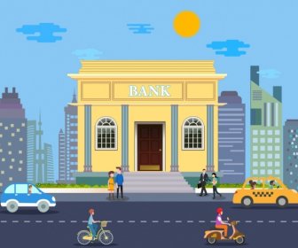 Bank Exterior Design Colored Cartoon Classical Style