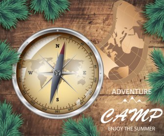 Banner Design With Compass On Wooden Background
