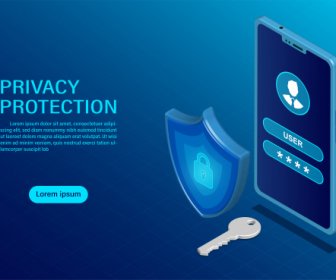 バナー保護データとモバイルプライバシー保護とセキュリティの機密性は、機密フラットアイソメトリックベクトルのイラストです