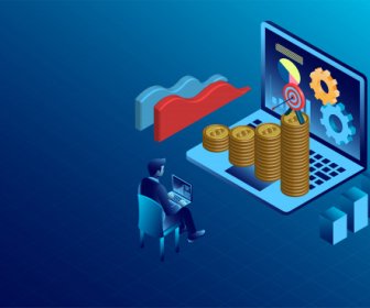 Banner With Business Finance Success Concept Digital Marketing Isometric Illustration Cartoon Vector