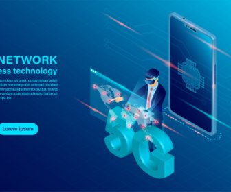 Banner 5g Network Wireless Technology Concept Mobile Phone With Cpu Icon Concept For Mobile Phone Technology And Telecommunication Isometric Flat Design Vector Illustration