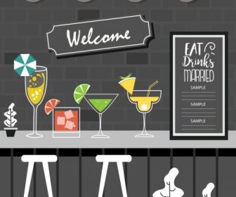 Bar Le Icone Sullo Sfondo Grigio Arredamento Cocktail Bicchieri Di Vino