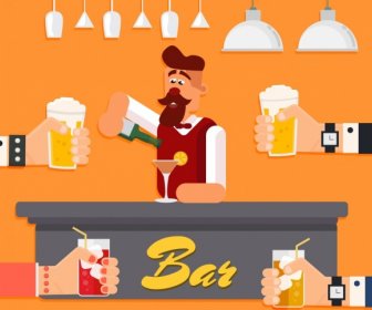 Bar Barkeeper Hintergrund Farbig Jubelnden Hände Symbole Cartoon