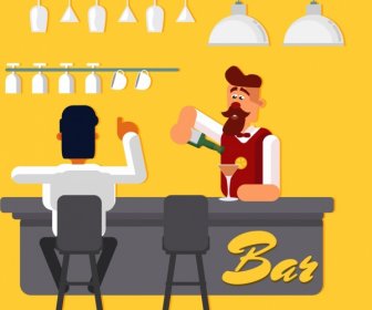Bar Latar Belakang Bartender Tamu Ikon Berwarna Kartun Desain