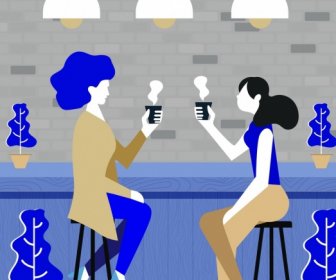 Bar Fond Relaxant Cartoon Icône Femmes Croquis