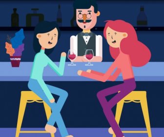 Бар рисунок бармен женского гость иконы цветной мультфильм