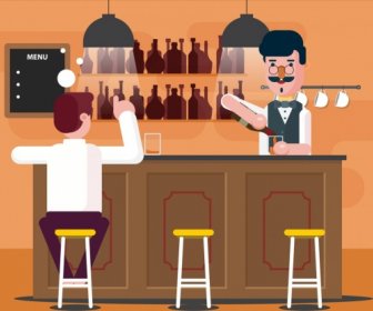 Bar Barman Rysunek Gości Ikony Kolor Kreskówka