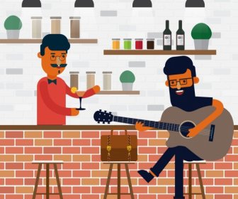 Bar Barman De Desenho ícones De Comentários Do Guitarrista Colorido Dos Desenhos Animados