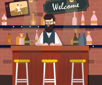 Bar Menggambar Laki-laki Bartender Kosong Kursi Ikon