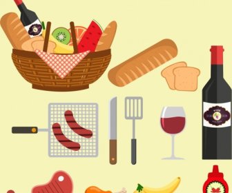 Barbecue Party Design Elements Food Basket Wine Icons