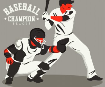 Beisebol Campeão Liga Banner Dinâmico Desenho Animado Esboço Jogadores